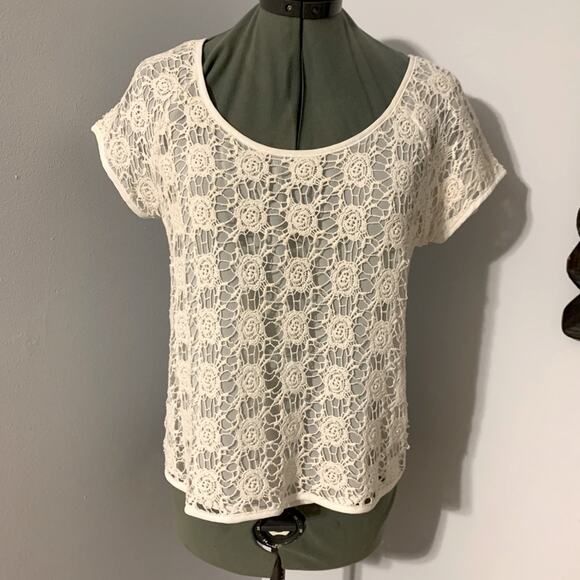 LC Lauren Conrad Tops - Lauren Conrad Crochet Sheer Short Sleeve Top White Small